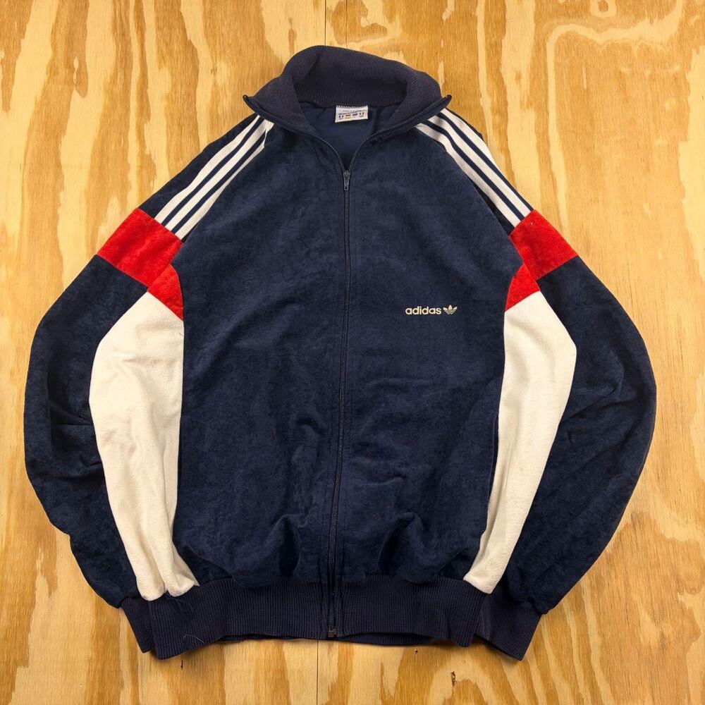 Vintage 70s–80s Adidas VENTEX Velour Track Jacket – Navy/Red/White – Size L